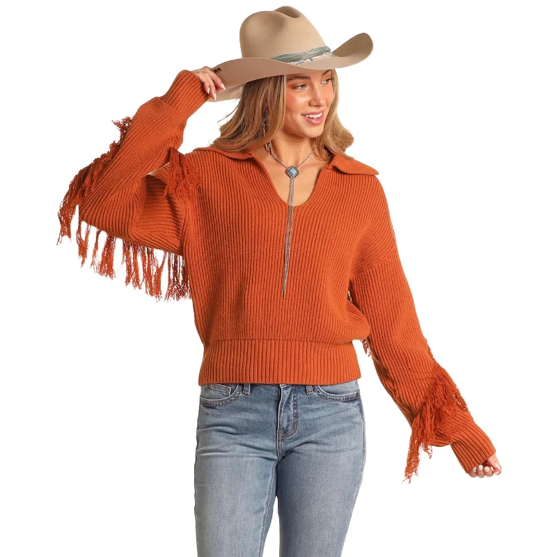 Panhandle Ladies Rust Sweater With Fringe BW32T0528 Notch Collar Peter Pan Collar Cowl Neck