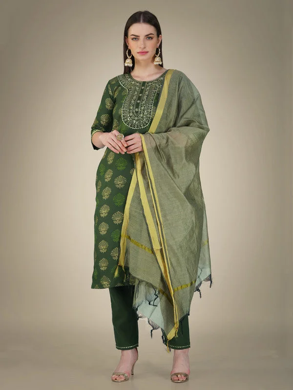 Women's Dark Green Cotton Magic Slub Embroidery & Sequence Work Kurta With Trouser & Dupatta  (stitched 40 size, Alt 38 to 44 size) - Aastha Fashion Wide Leg Loose Fit Mid Waist