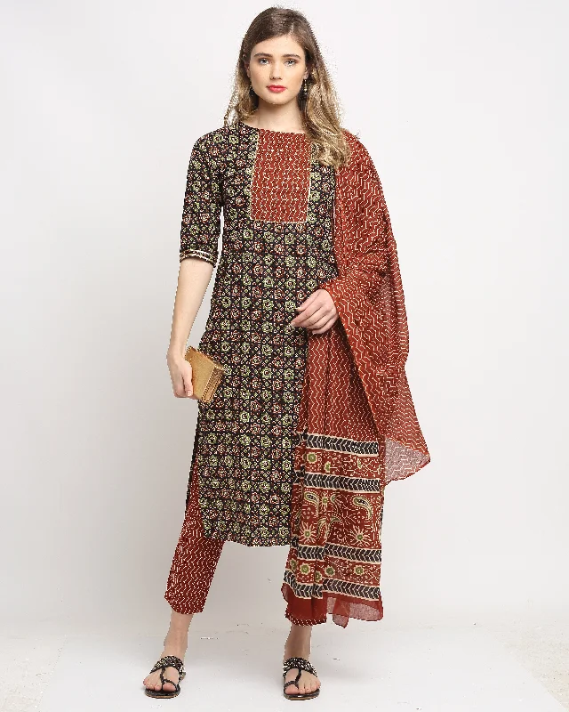 Women's Multicolor Cotton Printed Kurta With Trouser & Dupatta  (Semistitched (SKD) ) - Aastha Fashion Trousers Sale Discount