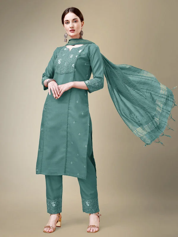 Women's Teal Cotton Blend Embroidery & Fancy Lace Work Kurta With Trouser & Dupatta  (Stitched ) - Aastha Fashion Chinos Cotton Straight Leg