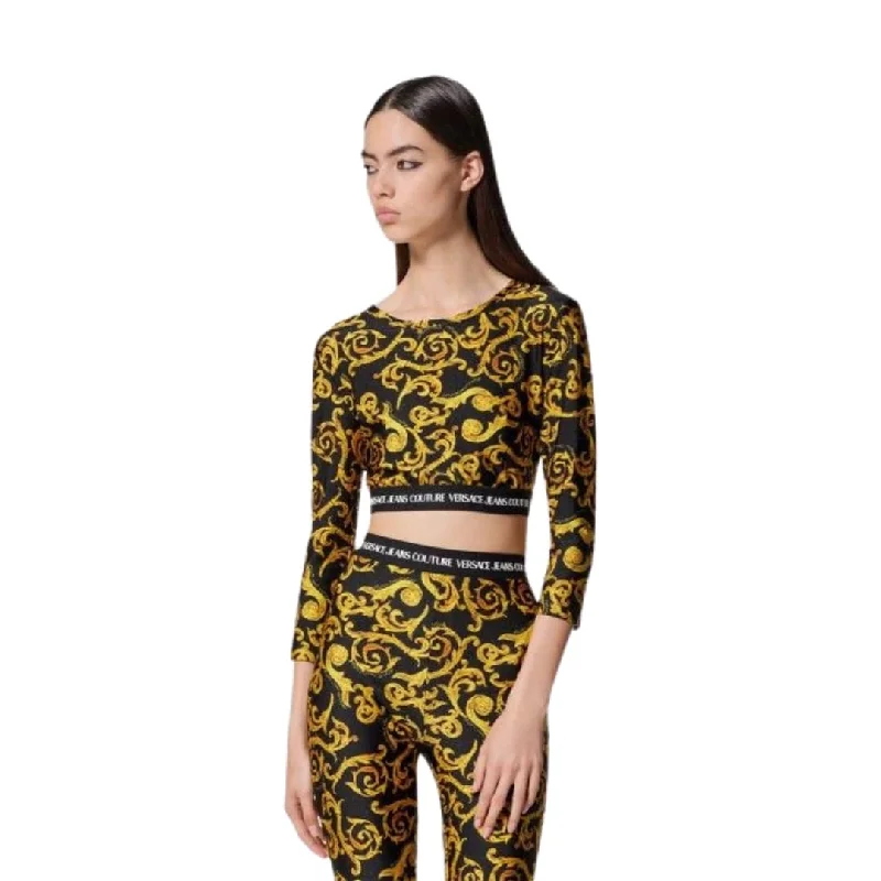 VERSACE - Barocco Printed Crop Top And Short Set Terry Blend Velvet Blend Canvas Blend