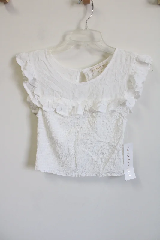 NEW Steve Madden Girl White Smocked Ruffle Crop Top | S Mesh Canvas Denim