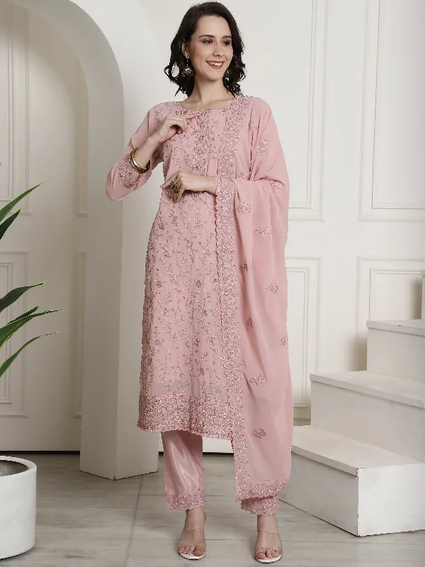 Women's Pink Georgette Floral Resham Thread With Cording & Crystal Work Kurta With Trouser & Dupatta  (Semi-Stitched ) - Aastha Fashion Trousers Trousers Formal