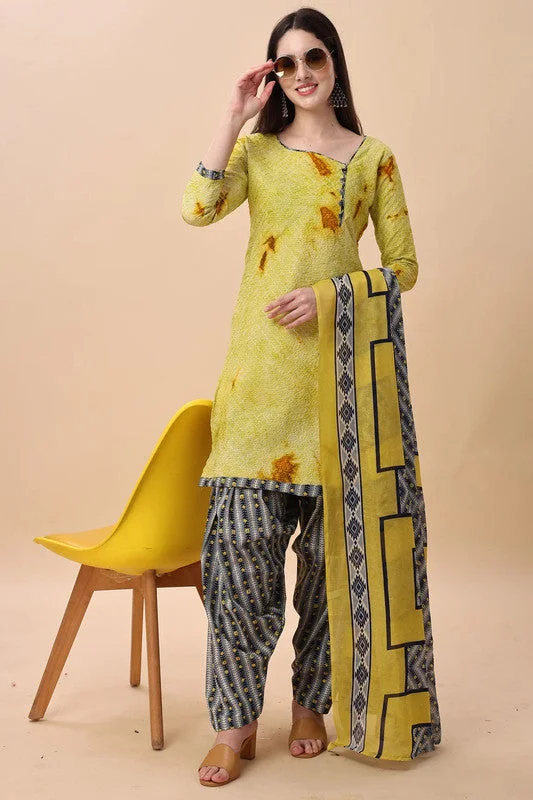 Women's Yellow Cotton Blend Embroidered Kurta With Trouser & Dupatta  (Semistitched (SKD) ) - Aastha Fashion Trousers Yoga Stretchy