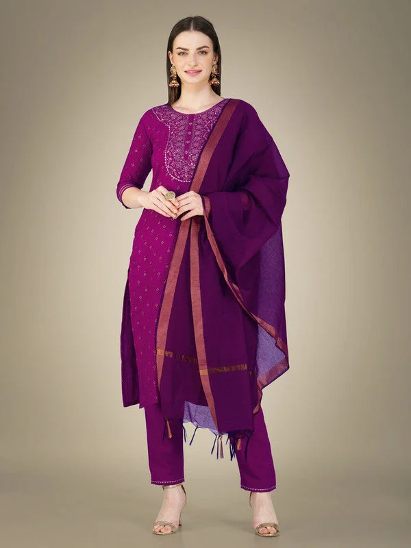 Women's Purple Cotton Magic Slub Embroidery & Sequence Work Kurta With Trouser & Dupatta  (stitched 40 size, Alt 38 to 44 size) - Aastha Fashion Trousers practical easy-care