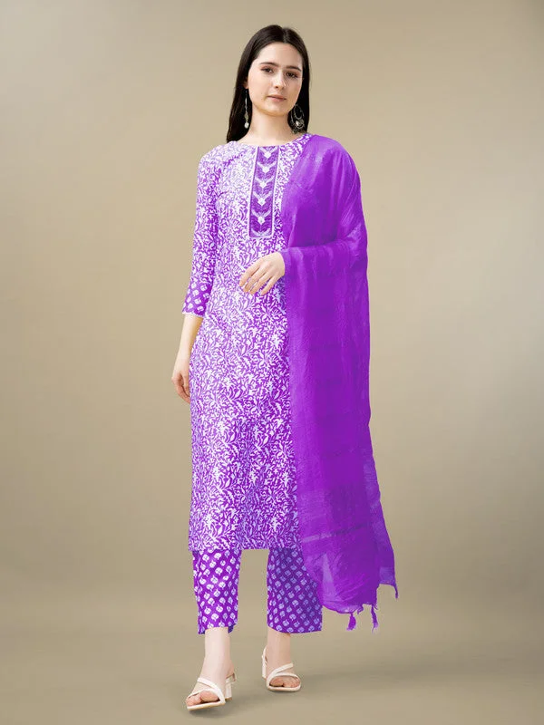 Women's Purple Rayon Embroidery & Sequence Work Kurta With Trouser & Dupatta  (stitched 40 size, Alt 38 to 44 size) - Aastha Fashion Trousers trendy modern