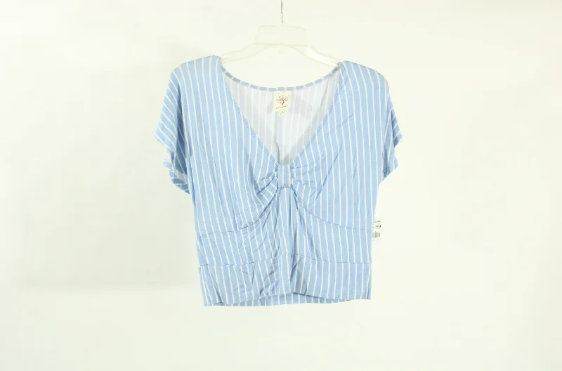 Self Esteem Blue & White Striped Crop Top | Size L Denim Fabric Leather Fabric Suede Fabric