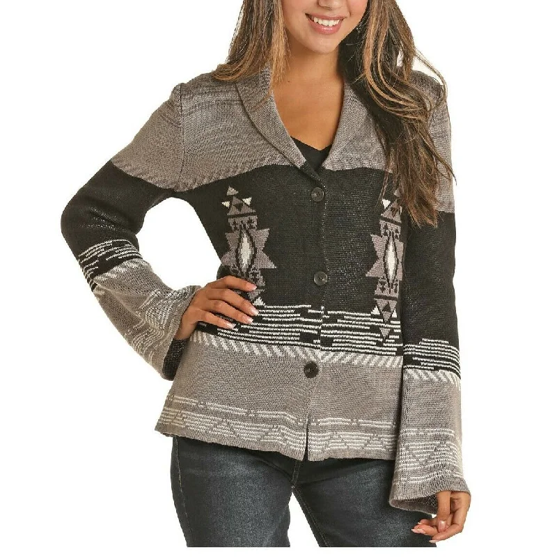 Powder River Ladies Grey Stagecoach Aztec Sweater 52-6718-05 Denim Fabric Leather Fabric Suede Fabric