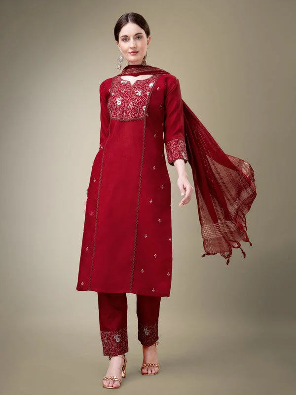 Women's Maroon Cotton Blend Embroidery & Fancy Lace Work Kurta With Trouser & Dupatta  (Stitched ) - Aastha Fashion Trousers Harem Relaxed Fit