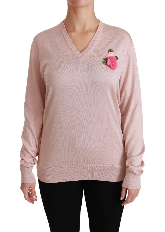 Dolce & Gabbana  Women's Floral Embroidered Silk Sweater - Pink Long Sweater Short Sweater Cropped Sweater