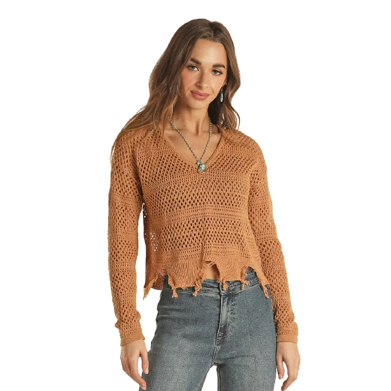 Rock & Roll Cowgirl® Ladies Fringe Hem Camel Sweater 46-2355 Mesh Sweater Canvas Denim