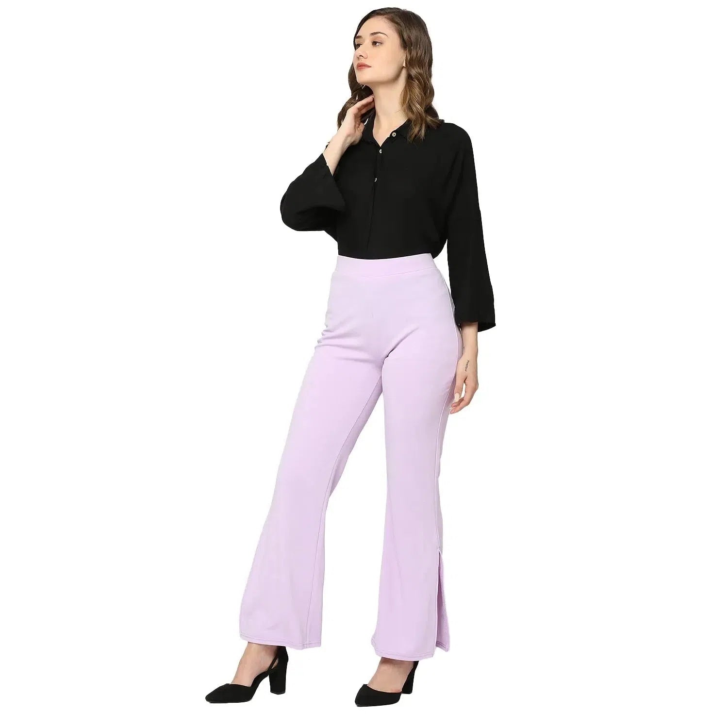 Smarty Pants Women's Polyester Lycra Slit Bell Bottom Lilac Formal Trouser Wide Leg Loose Fit Mid Waist