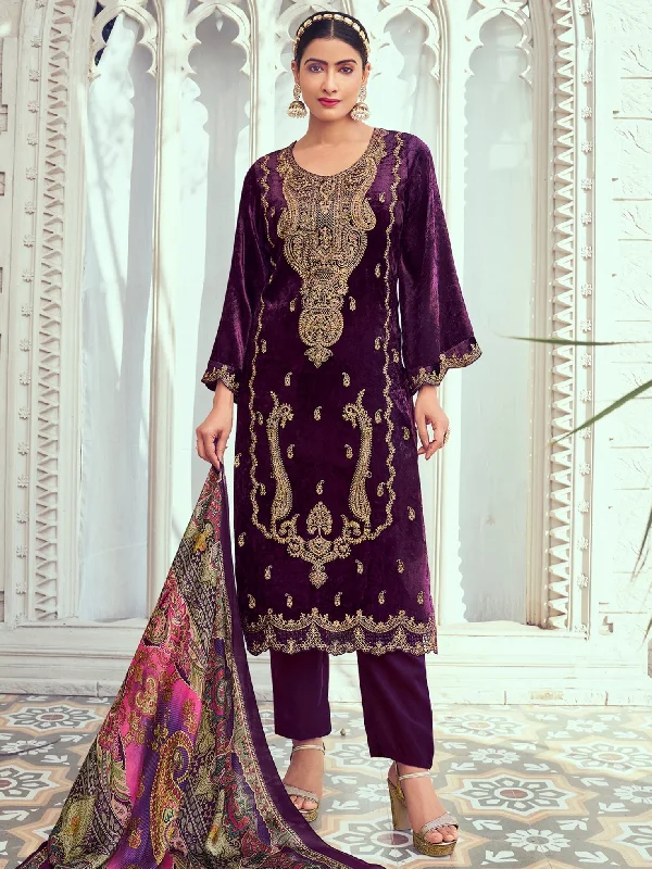 Women's Purple Velvet Cording With Digital Printed Kurta With Trouser & Dupatta  (Semi-Stitched ) - Aastha Fashion Trousers chic elegant