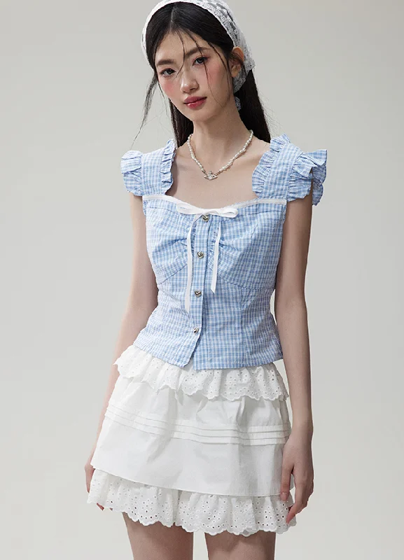 Ruffle Sleeve Blue Checked Girly Top & Lace Layered A-Line Mini Skirt NTO0082 silk skirt luxurious