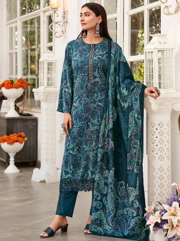 Women's Navy Blue Velvet Digital Print With Resham Thread Work Kurta With Trouser & Dupatta  (Semi-Stitched ) - Aastha Fashion Trousers Cargo pockets