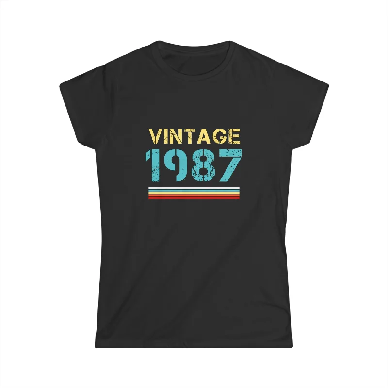 Vintage 1987 T Shirts for Women Retro Funny 1987 Birthday Womens T Shirt Polka Dot Checkered Tartan